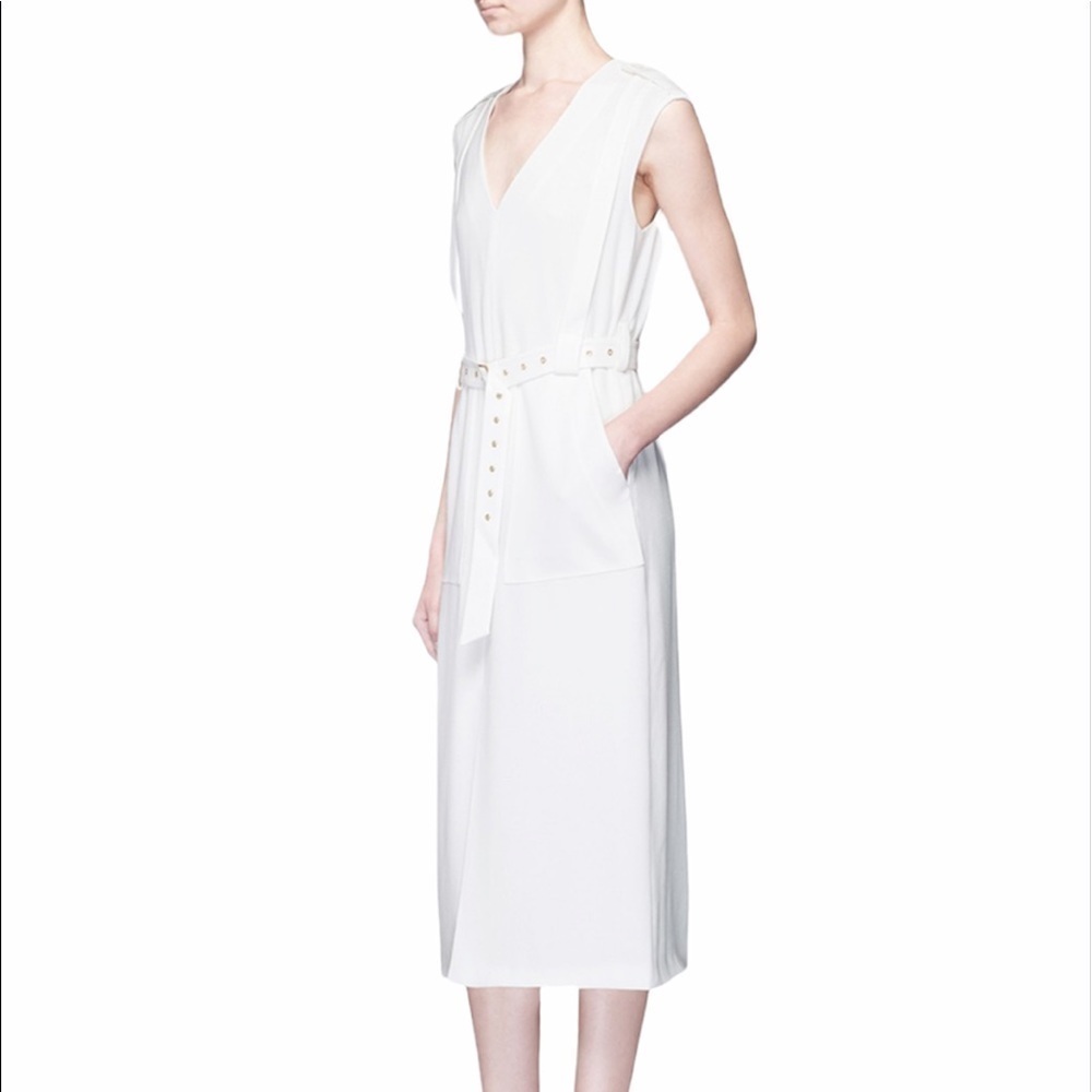 Tibi- White “Savanna” Harness Belt Crepe Midi Dress